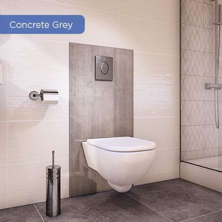 A concrete grey Saniwall pro up style toilet installed in a bathroom in the basement